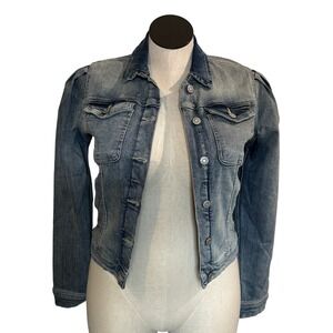Kensie Womens‎ Small Puff Sleeve Denim Jean Jacket Light Wash Button Front Crop
